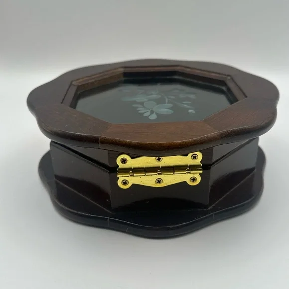 Wooden Octagonal Ring Earring Holder Jewelry Box with Glass Top Styled by Mele - Picture 9 of 9